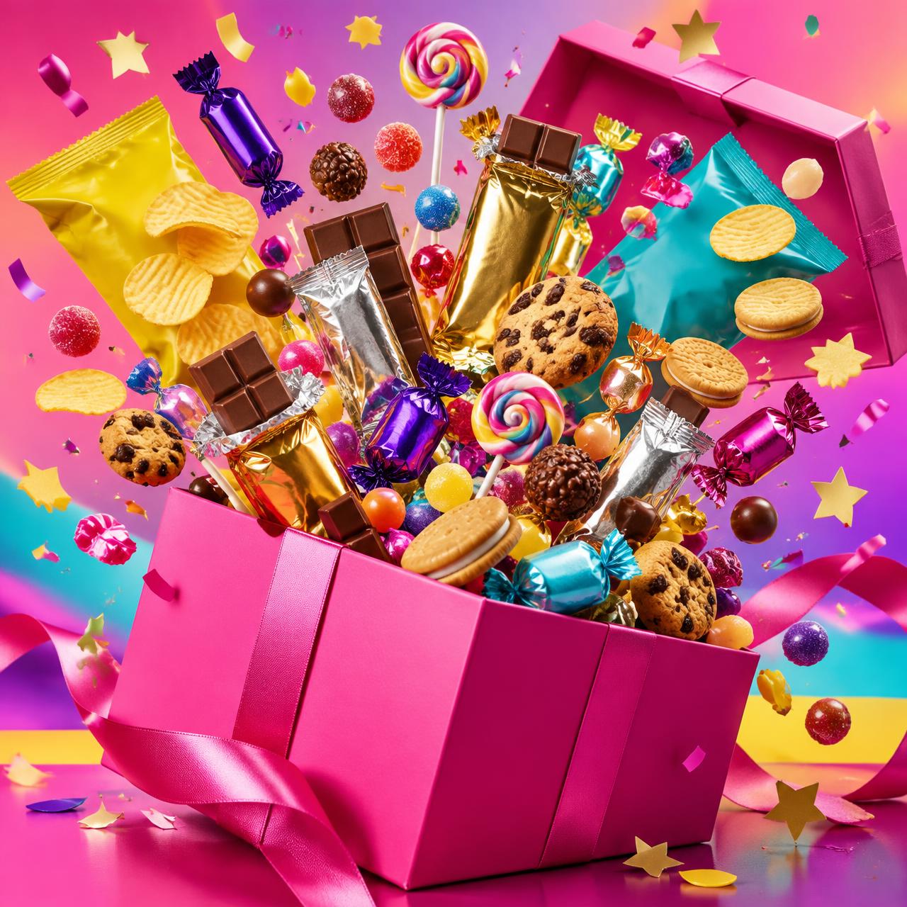 Concept: a pink Kaye’s Shackkk snack box bursting with packaged treats